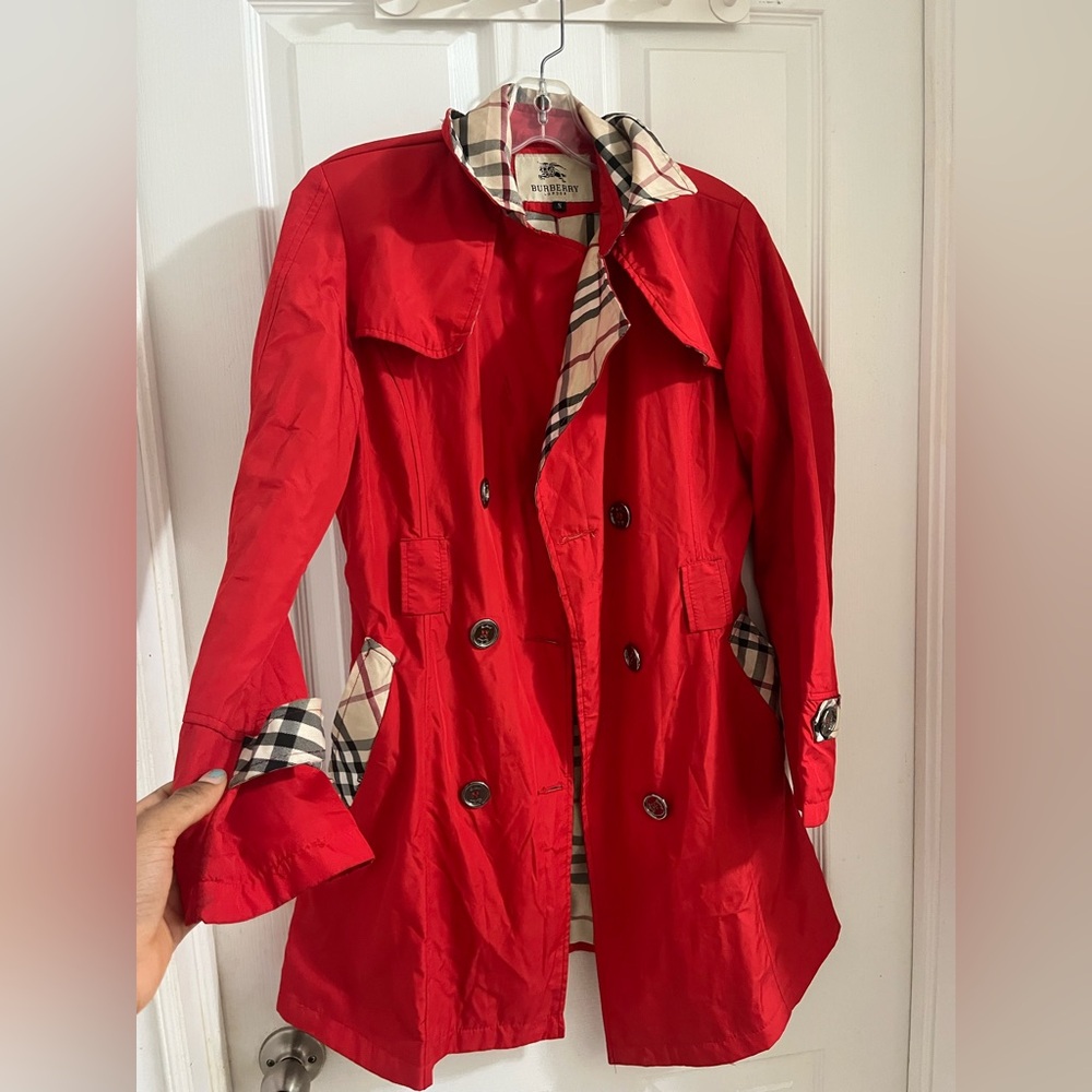 Reversible Burberry Red Trench Coat/Pea Coat with Check Lining